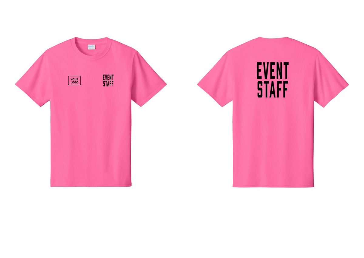 NYC Factory Custom Logo Event Staff T-Shirt, Condensed Lettering - EVENT STAFF + Your Logo + Back - Neon Pink
