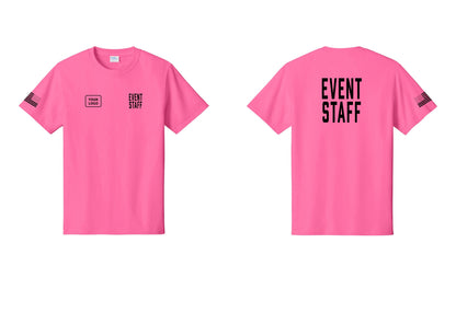 NYC Factory Custom Logo Event Staff T-Shirt, Condensed Lettering - EVENT STAFF + Your Logo + Back + US Flag Sleeve - Neon Pink