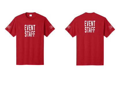 NYC Factory Custom Logo Event Staff T-Shirt, Condensed Lettering - Front + Back + Your Logo Sleeves - Red