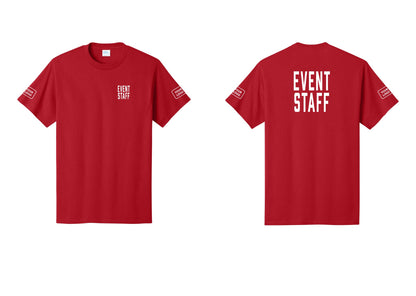 NYC Factory Custom Logo Event Staff T-Shirt, Condensed Lettering - Chest + Back + Your Logo Sleeves - Red
