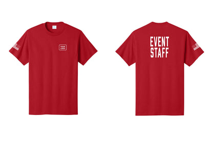NYC Factory Custom Logo Event Staff T-Shirt, Condensed Lettering - Your Logo + Back + US Flag Sleeve - Red