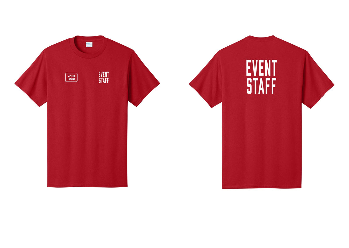 NYC Factory Custom Logo Event Staff T-Shirt, Condensed Lettering - EVENT STAFF + Your Logo + Back - Red