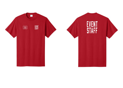 NYC Factory Custom Logo Event Staff T-Shirt, Condensed Lettering - EVENT STAFF + Your Logo + Back - Red