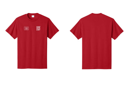 NYC Factory Custom Logo Event Staff T-Shirt, Condensed Lettering - EVENT STAFF + Your Logo - Red