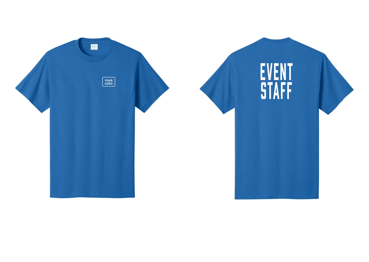 NYC Factory Custom Logo Event Staff T-Shirt, Condensed Lettering - Your Logo + Back - Royal