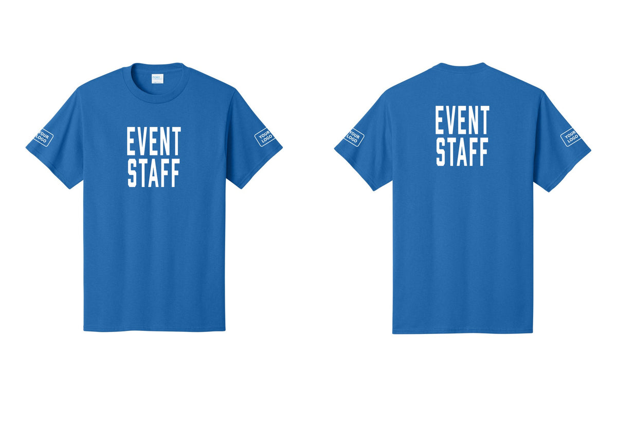 NYC Factory Custom Logo Event Staff T-Shirt, Condensed Lettering - Front + Back + Your Logo Sleeves - Royal