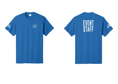 NYC Factory Custom Logo Event Staff T-Shirt, Condensed Lettering - Your Logo + Back + US Flag Sleeve - Royal
