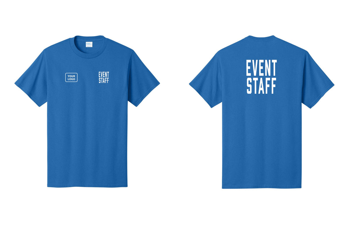 NYC Factory Custom Logo Event Staff T-Shirt, Condensed Lettering - EVENT STAFF + Your Logo + Back - Royal