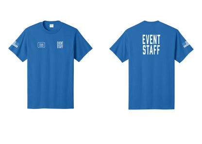 NYC Factory Custom Logo Event Staff T-Shirt, Condensed Lettering - EVENT STAFF + Your Logo + Back + US Flag Sleeve - Royal