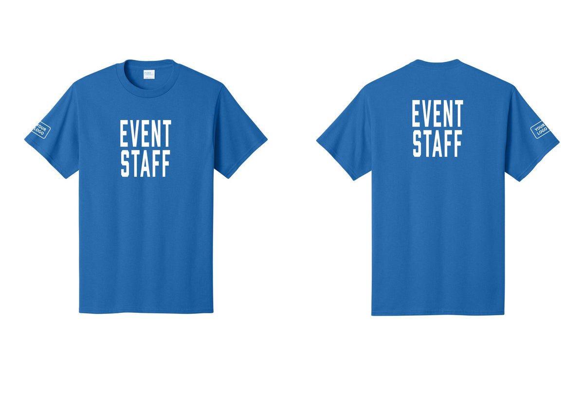 NYC Factory Custom Logo Event Staff T-Shirt, Condensed Lettering - Front + Back + Your Logo Sleeve - Royal
