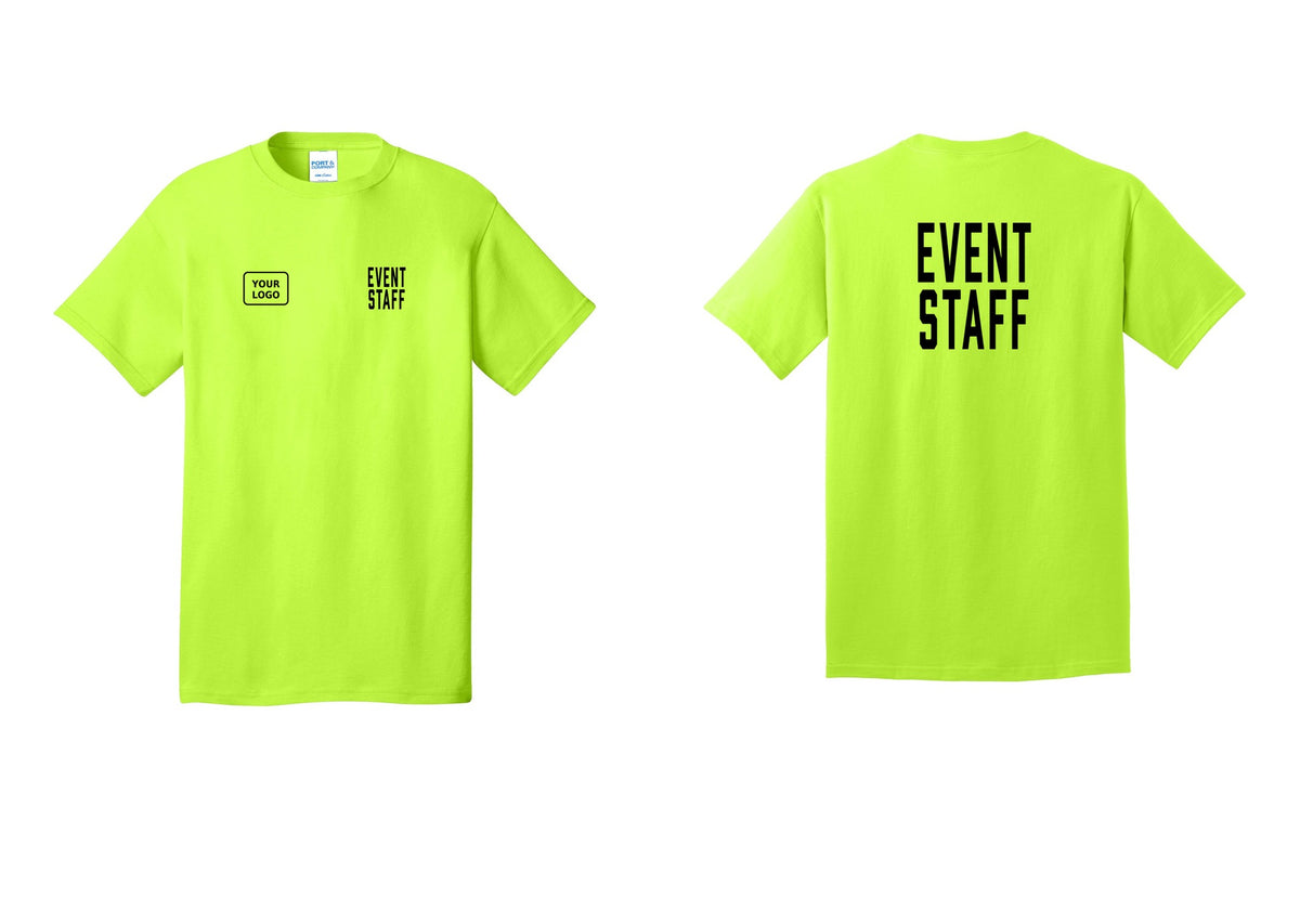 NYC Factory Custom Logo Event Staff T-Shirt, Condensed Lettering - EVENT STAFF + Your Logo + Back - Safety Green