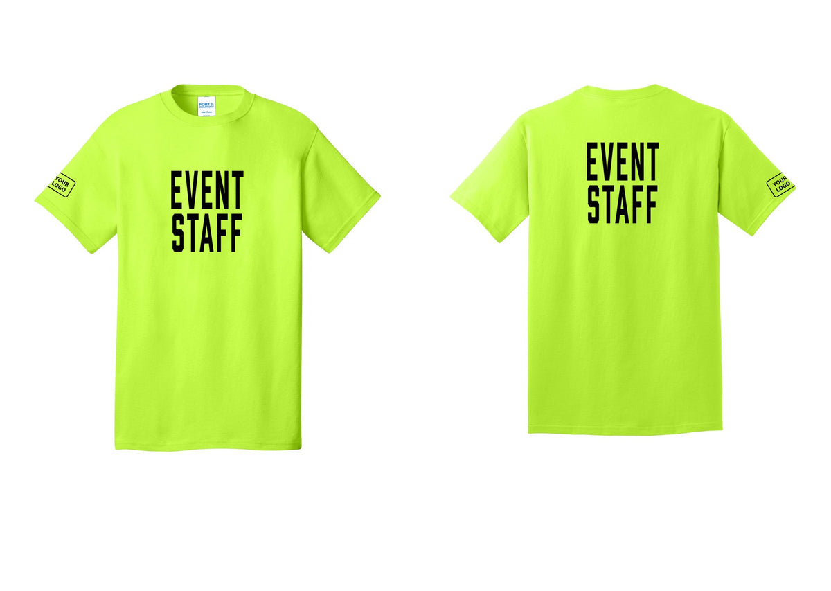 NYC Factory Custom Logo Event Staff T-Shirt, Condensed Lettering - Front + Back + Your Logo Sleeve - Safety Green