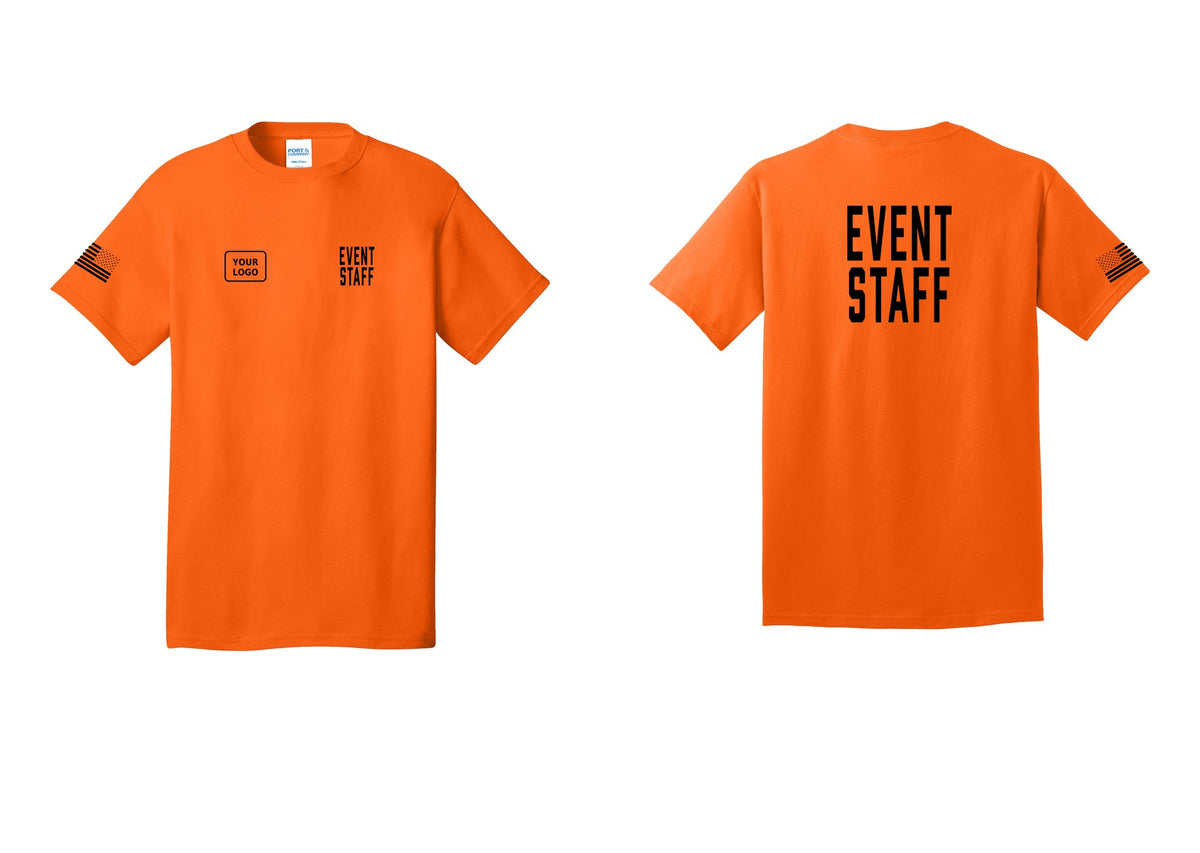 NYC Factory Custom Logo Event Staff T-Shirt, Condensed Lettering - EVENT STAFF + Your Logo + Back + US Flag Sleeve - Safety Orange