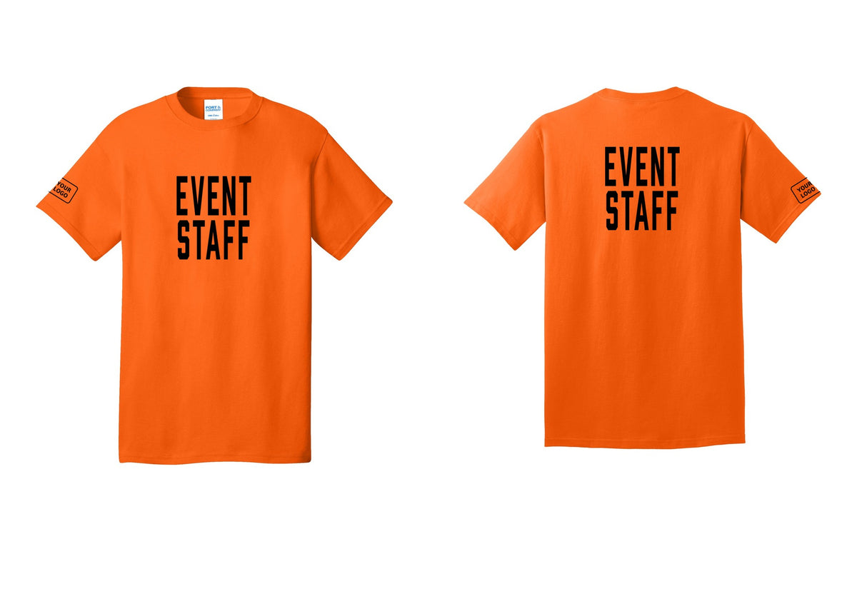 NYC Factory Custom Logo Event Staff T-Shirt, Condensed Lettering - Front + Back + Your Logo Sleeve - Safety Orange