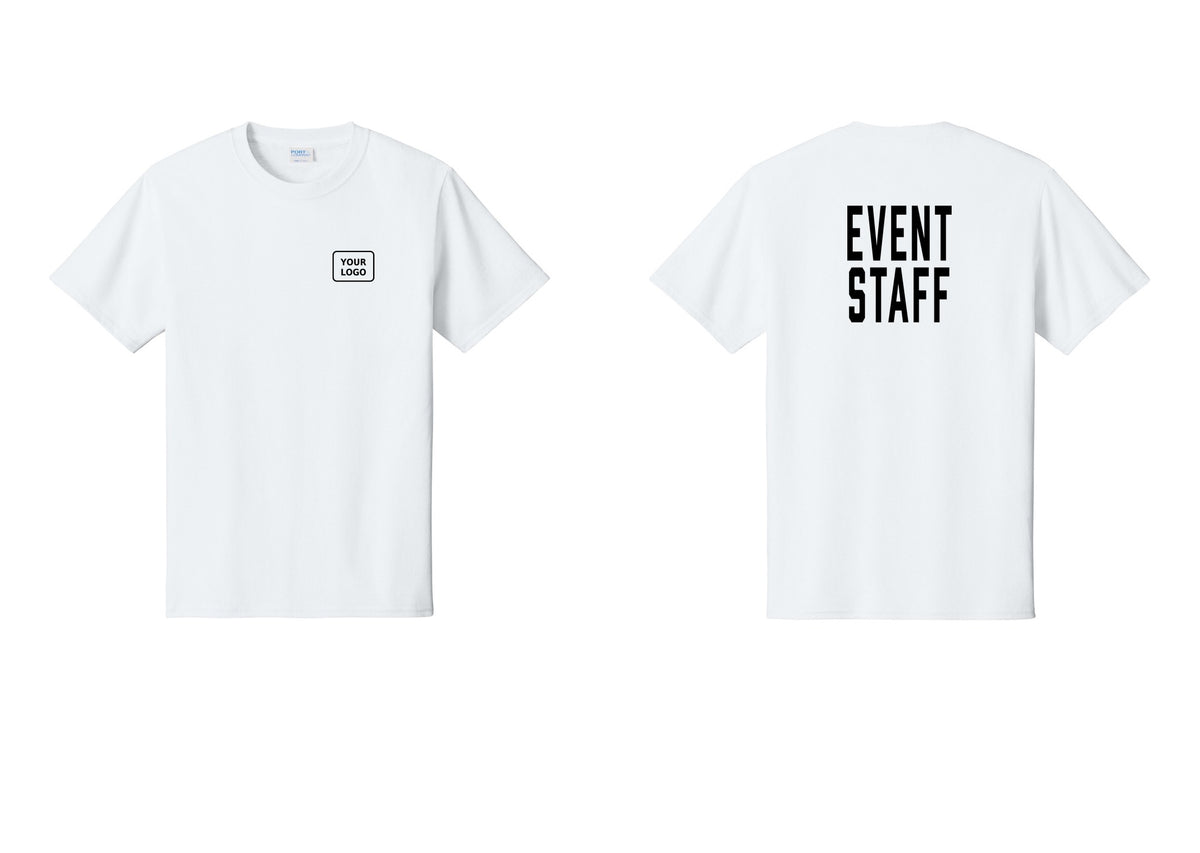 NYC Factory Custom Logo Event Staff T-Shirt, Condensed Lettering - Your Logo + Back - White