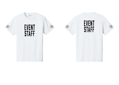 NYC Factory Custom Logo Event Staff T-Shirt, Condensed Lettering - Front + Back + Your Logo Sleeves - White