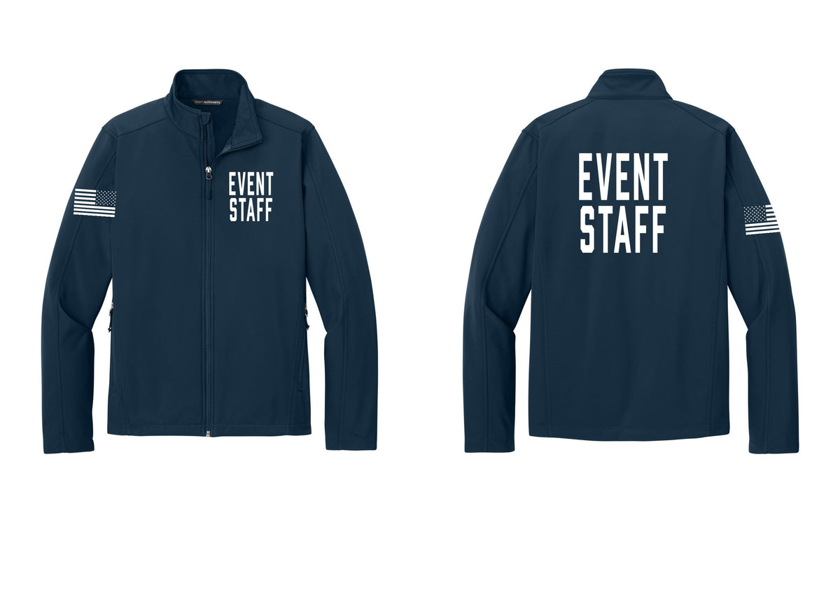 NYC Factory Event Staff Soft Shell Jacket (Classic) - Chest + Back + US Flag Sleeve - Dress Blue Navy