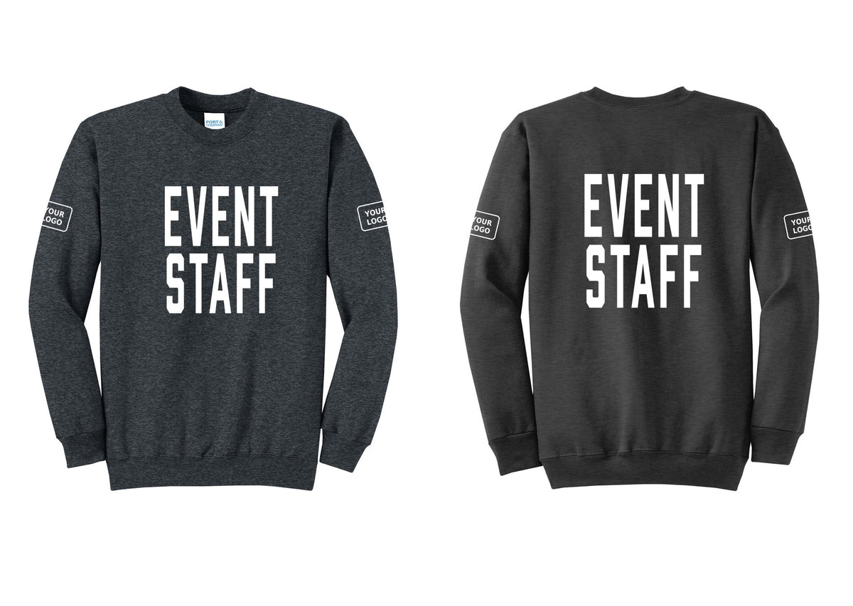 NYC Factory Custom Logo Event Staff Cotton Fleece Crewneck Sweatshirt (Classic) - Front + Back + Your Logo Sleeves - Dark Heather Grey