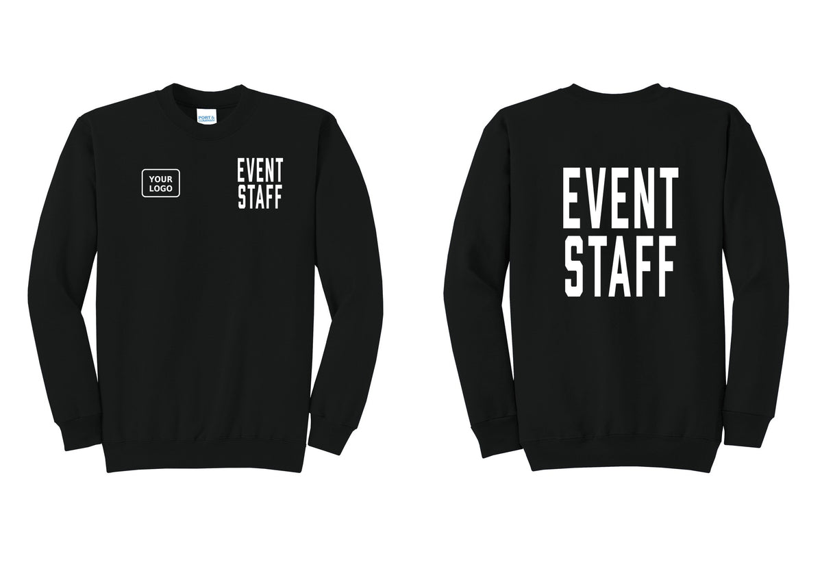 NYC Factory Custom Logo Event Staff Cotton Fleece Crewneck Sweatshirt (Classic) - EVENT STAFF + Your Logo + Back - Black