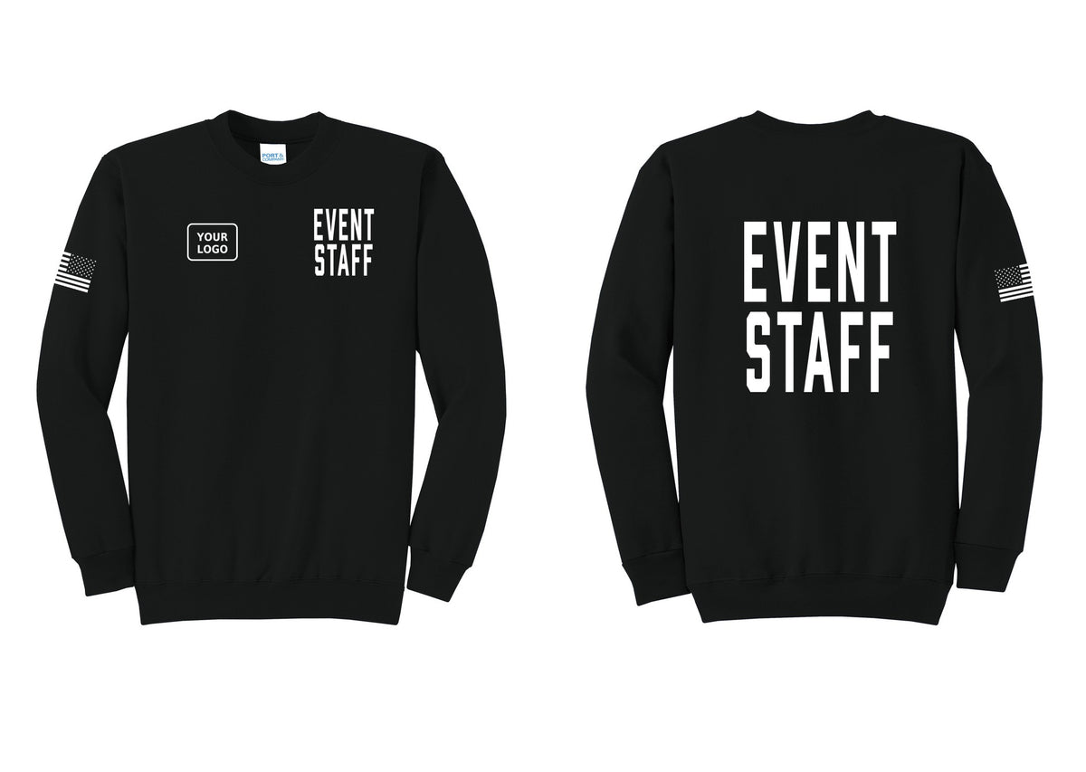 NYC Factory Custom Logo Event Staff Cotton Fleece Crewneck Sweatshirt (Classic) - EVENT STAFF + Your Logo + Back + US Flag Sleeve - Black