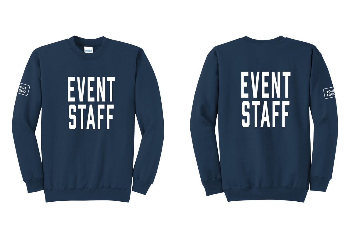 NYC Factory Custom Logo Event Staff Cotton Fleece Crewneck Sweatshirt (Classic) - Front + Back + Your Logo Sleeve - Navy