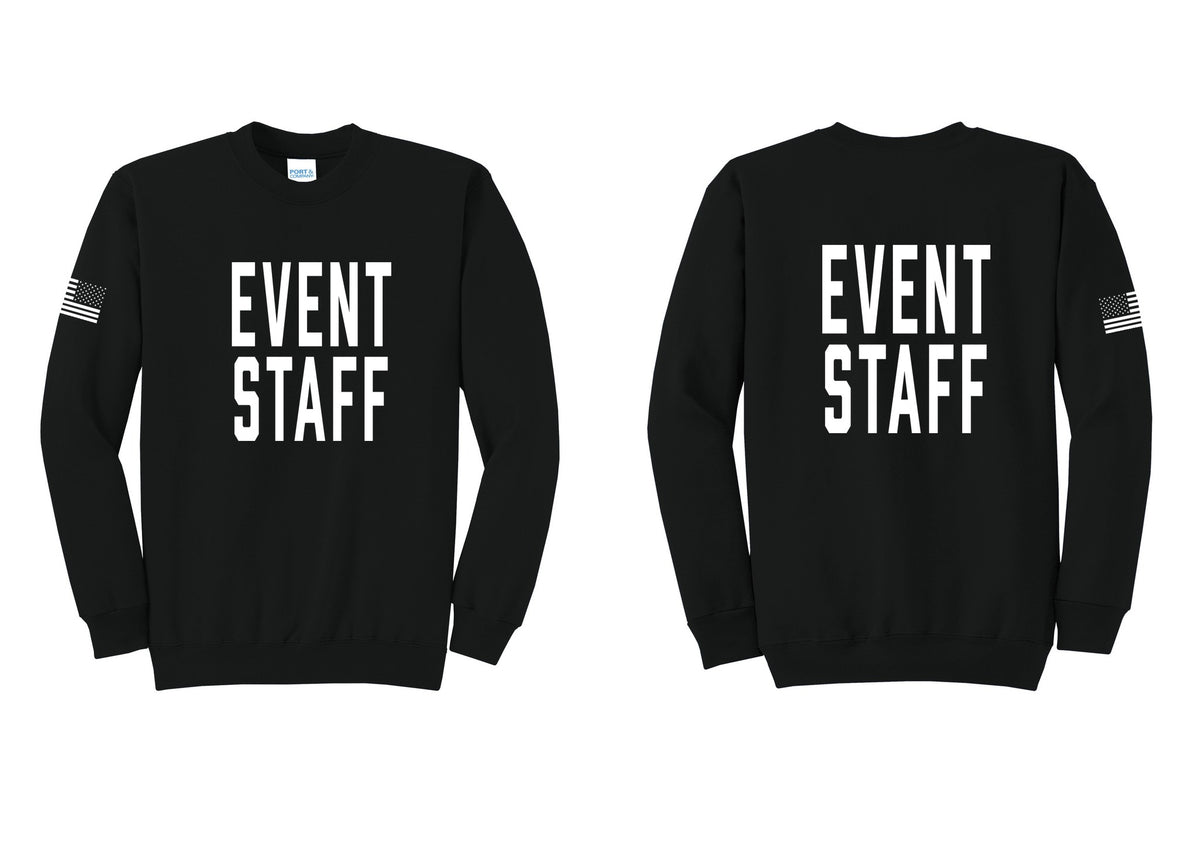 NYC Factory Event Staff Cotton Fleece Crewneck Sweatshirt (Classic) - Front + Back + US Flag Sleeve - Black