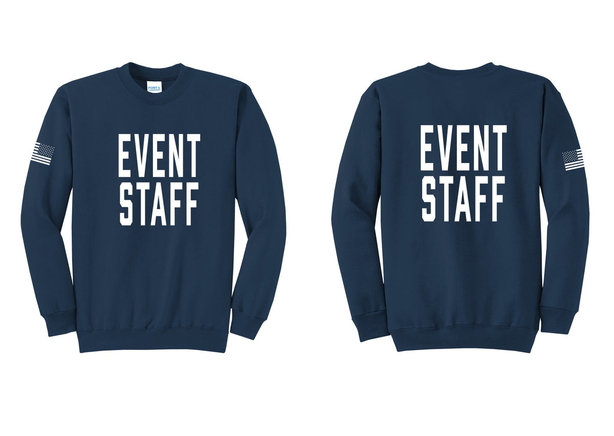 NYC Factory Event Staff Cotton Fleece Crewneck Sweatshirt (Classic) - Front + Back + US Flag Sleeve - Navy