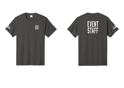 NYC Factory Event Staff T-Shirt, Condensed Lettering - Chest + Back + US Flag Sleeve - Dark Heather Grey