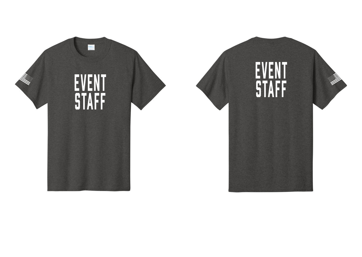 NYC Factory Event Staff T-Shirt, Condensed Lettering - Front + Back + US Flag Sleeve - Dark Heather Grey
