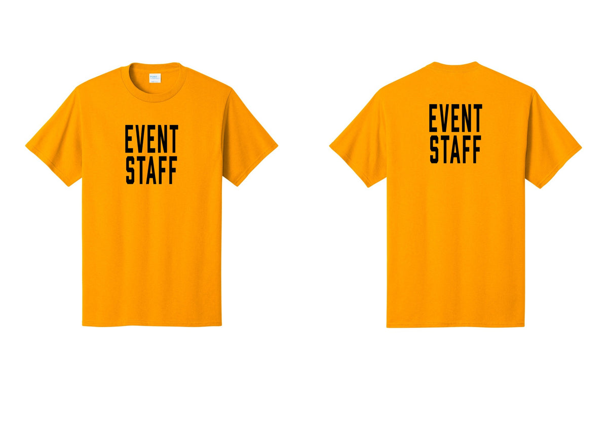 NYC Factory Event Staff T-Shirt, Condensed Lettering - Front + Back - Gold