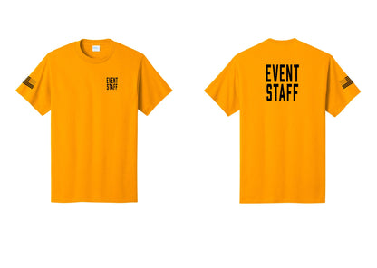NYC Factory Event Staff T-Shirt, Condensed Lettering - Chest + Back + US Flag Sleeve - Gold