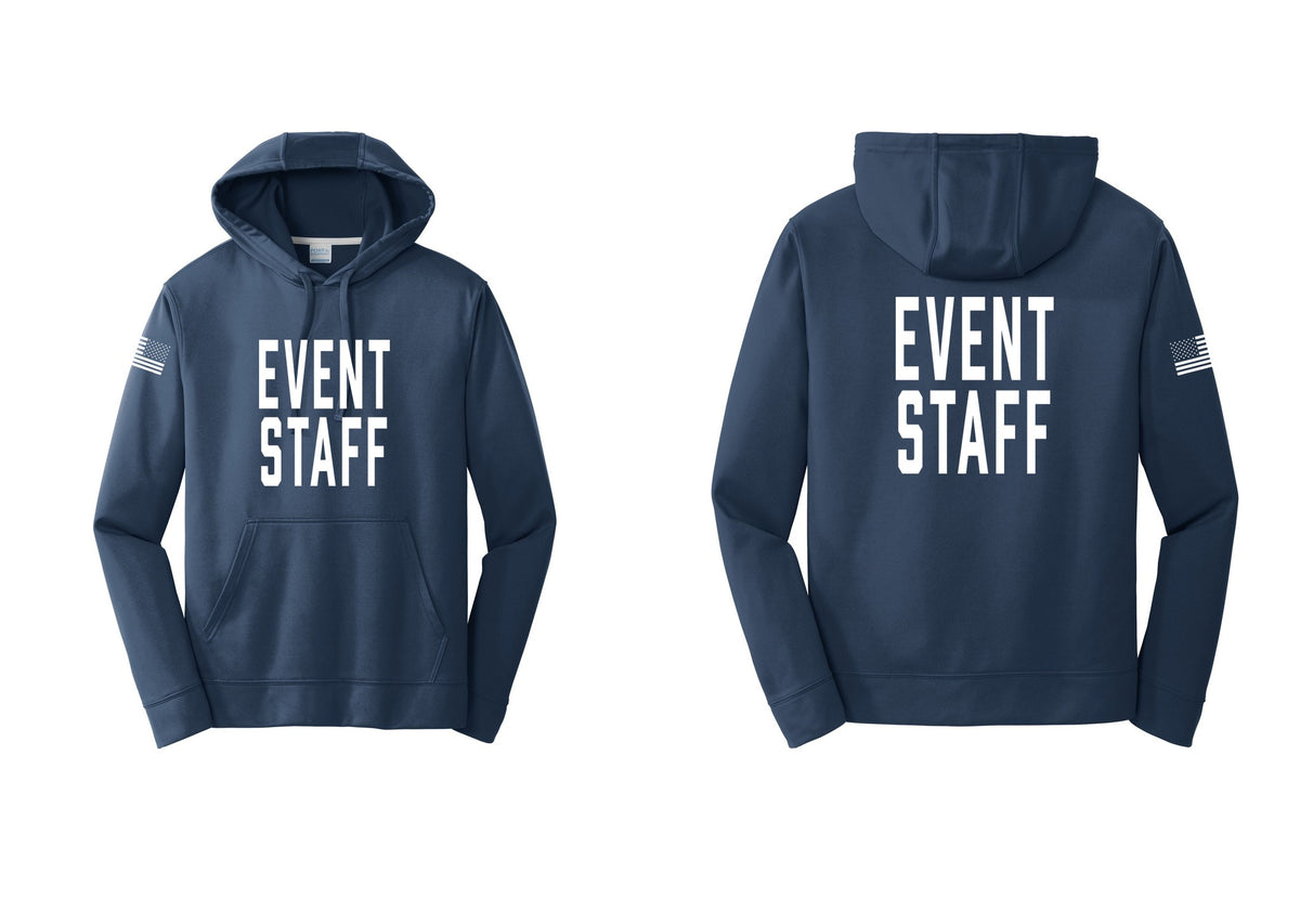 NYC Factory Event Staff Performance Hooded Fleece Pullover Sweatshirt (Classic) - Front + Back + US Flag Sleeve - Navy