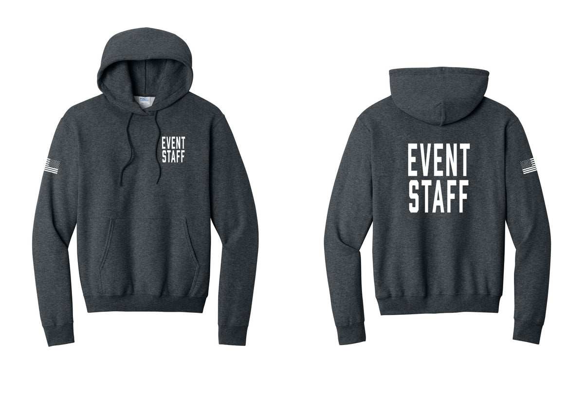 NYC Factory Event Staff Cotton Fleece Pullover Hoodie (Classic) - Chest + Back + US Flag Sleeve - Dark Heather Grey