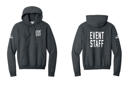 NYC Factory Event Staff Cotton Fleece Pullover Hoodie (Classic) - Chest + Back + US Flag Sleeve - Dark Heather Grey
