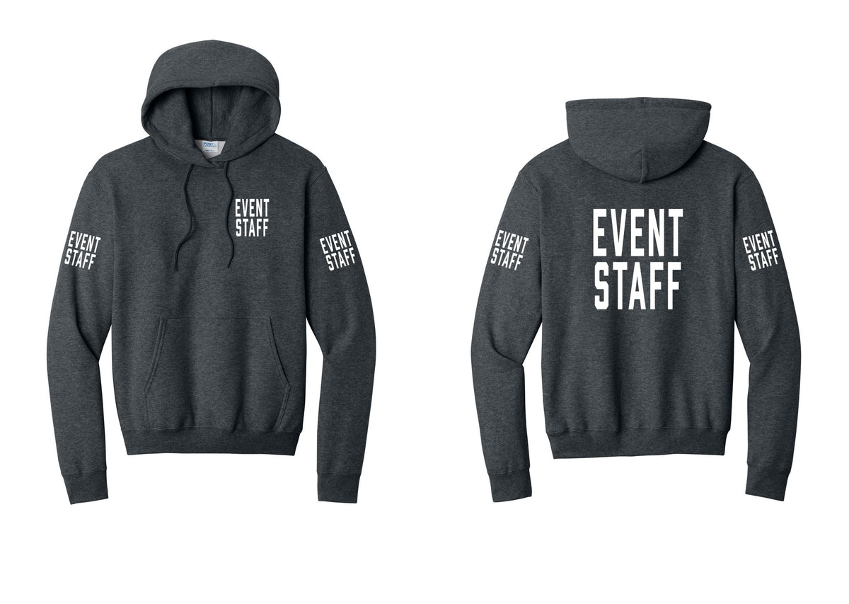 NYC Factory Event Staff Cotton Fleece Pullover Hoodie (Classic) - Chest + Back + Event Staff Sleeves - Dark Heather Grey
