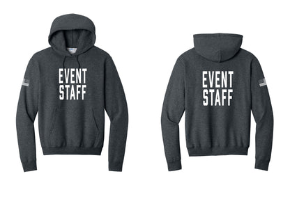 NYC Factory Event Staff Cotton Fleece Pullover Hoodie (Classic) - Front + Back + US Flag Sleeve - Dark Heather Grey