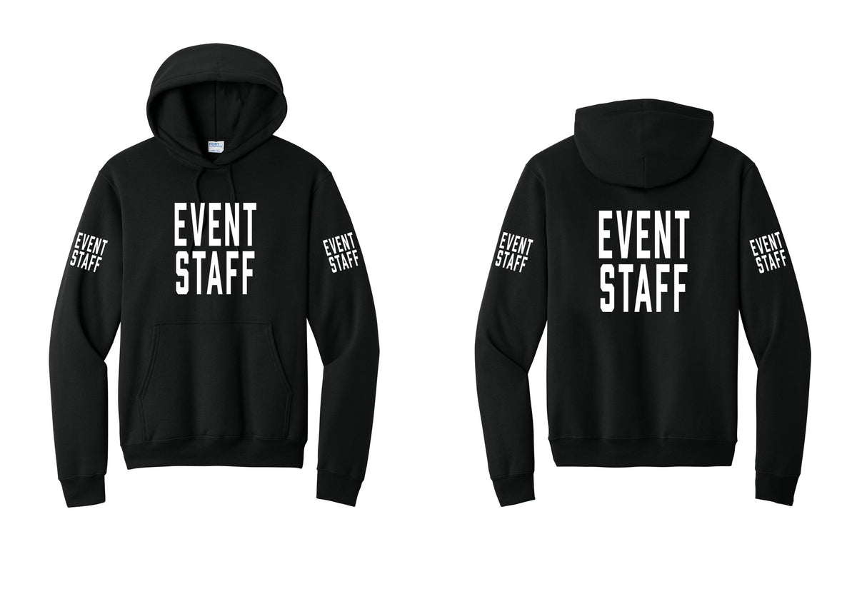 NYC Factory Event Staff Cotton Fleece Pullover Hoodie (Classic) - Front + Back + Event Staff Sleeves - Black
