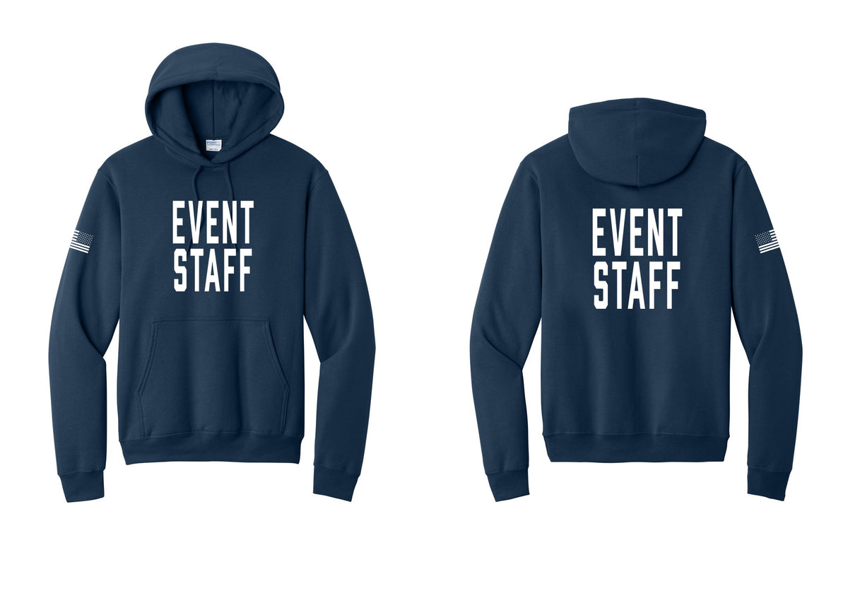 NYC Factory Event Staff Cotton Fleece Pullover Hoodie (Classic) - Front + Back + US Flag Sleeve - Navy