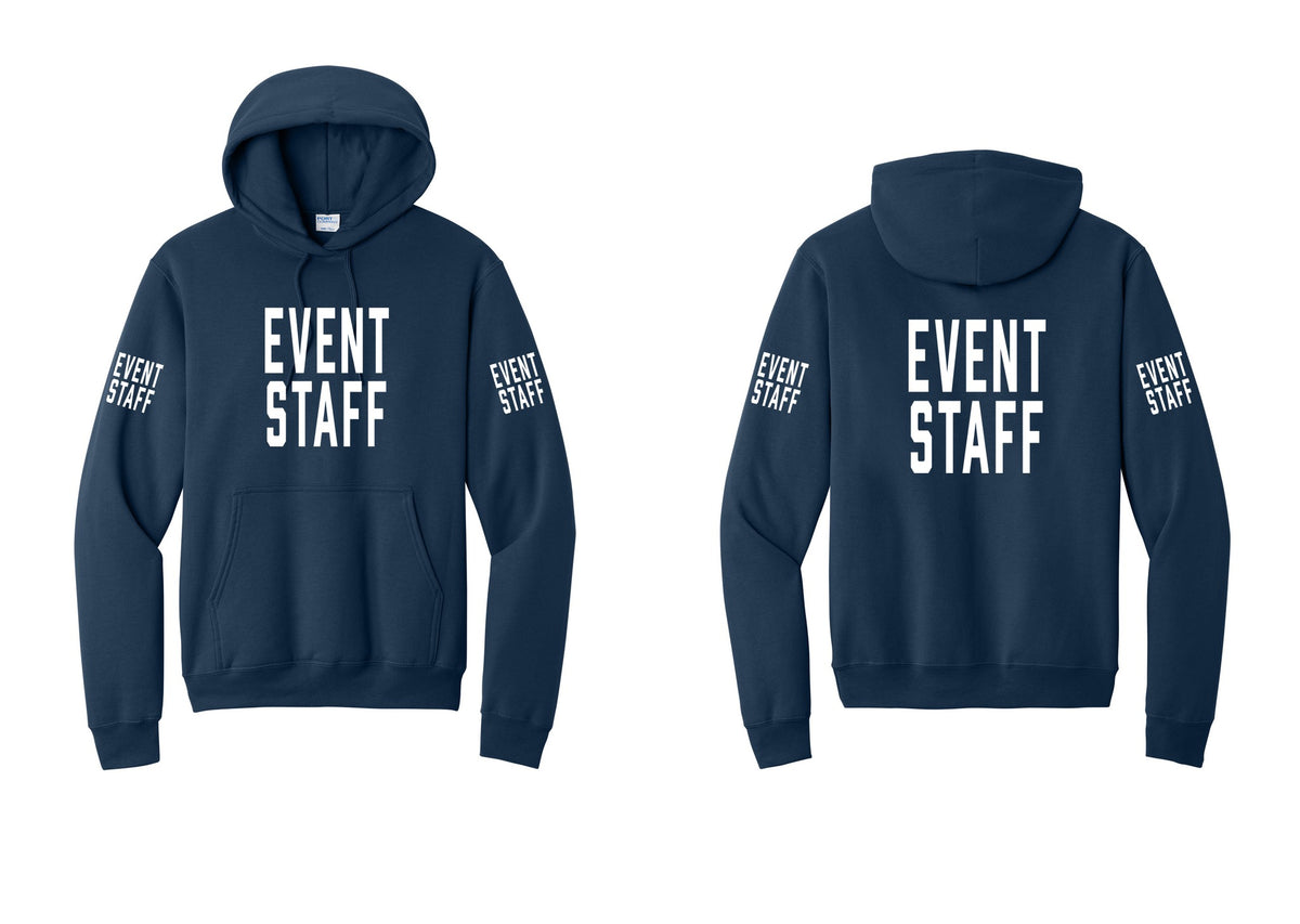 NYC Factory Event Staff Cotton Fleece Pullover Hoodie (Classic) - Front + Back + Event Staff Sleeves - Navy