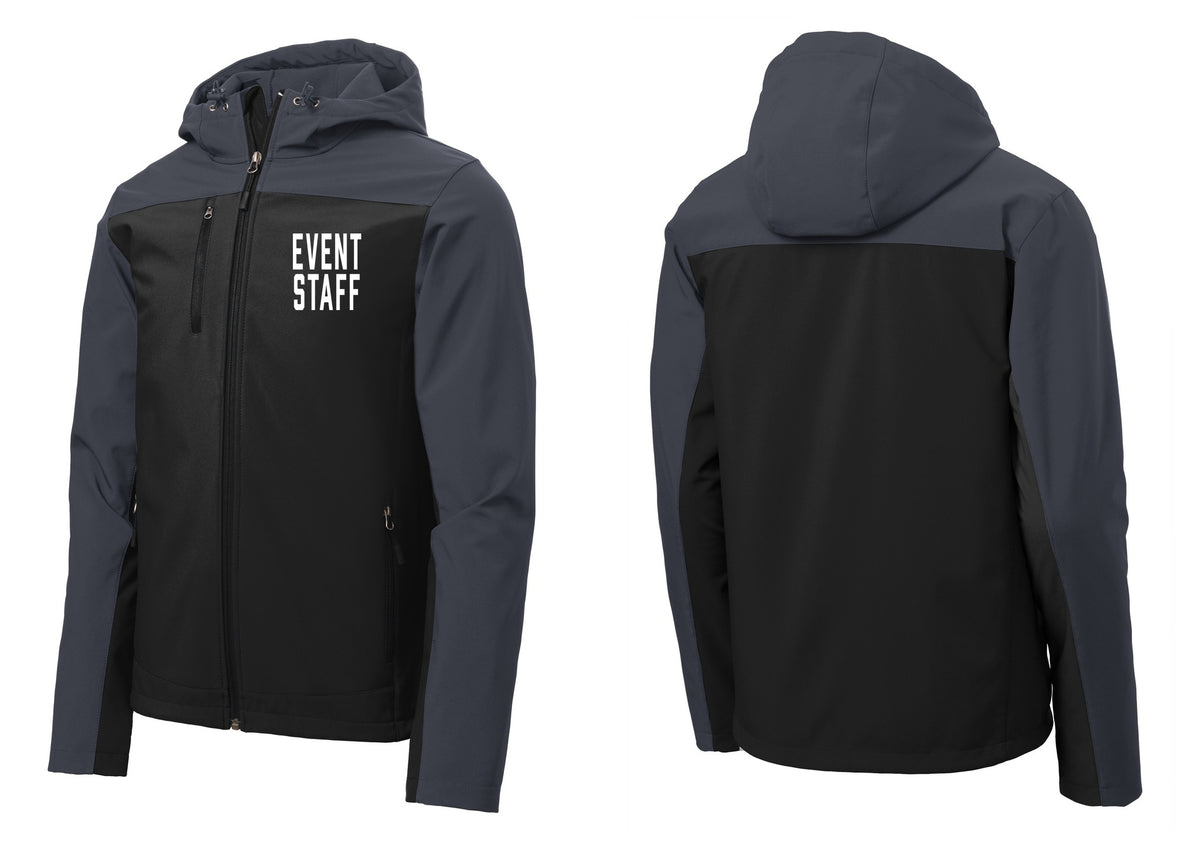 NYC Factory Event Staff Hooded Soft Shell Jacket (Classic) - Chest Only - Black / Battleship Grey