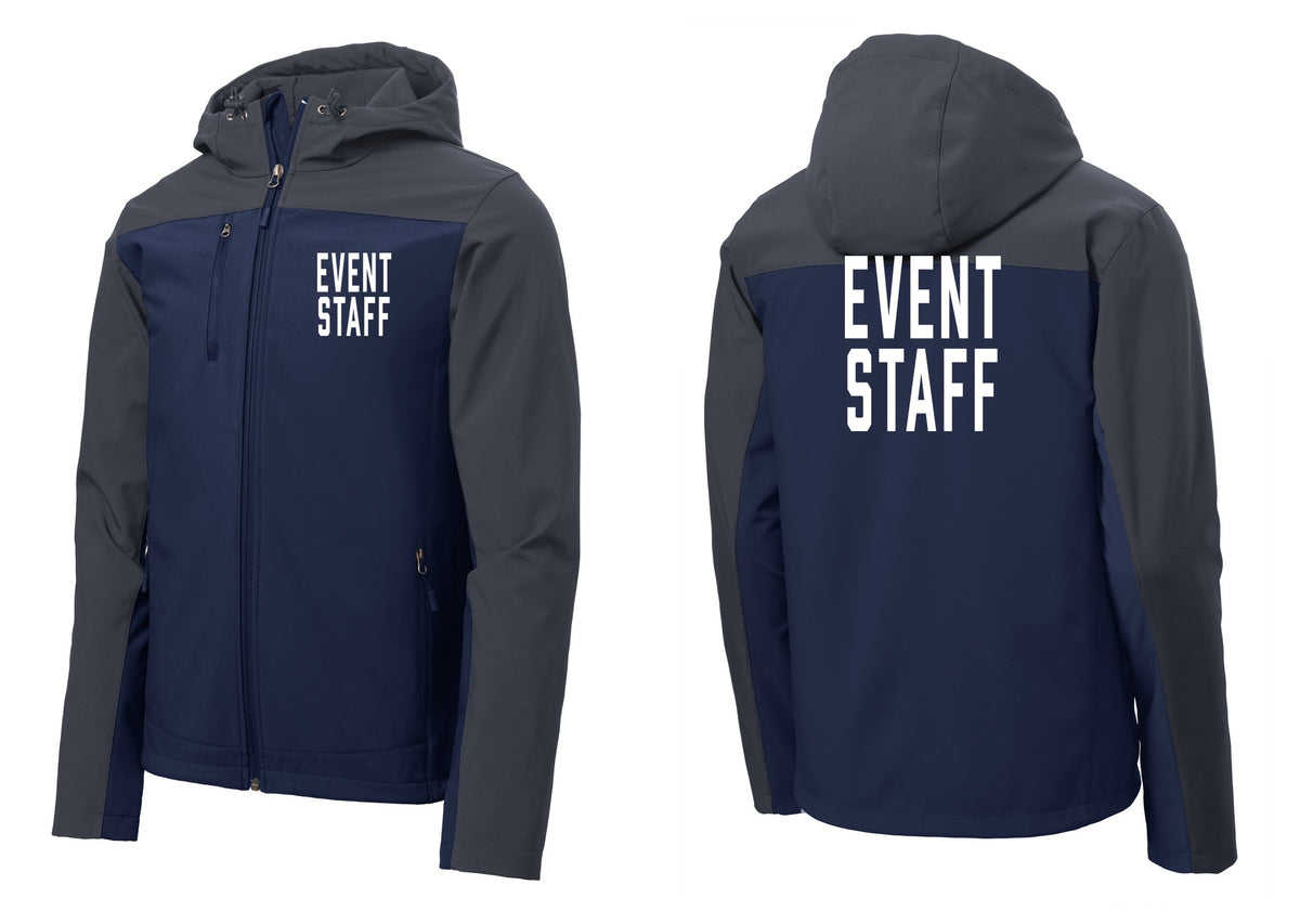 NYC Factory Event Staff Hooded Soft Shell Jacket (Classic) - Chest + Back - Dress Blue Navy / Battleship Grey