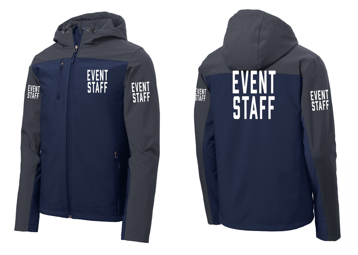 NYC Factory Event Staff Hooded Soft Shell Jacket (Classic) - Chest + Back + Event Staff Sleeves - Dress Blue Navy / Battleship Grey