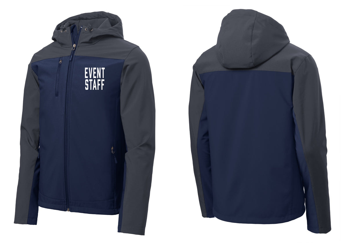 NYC Factory Event Staff Hooded Soft Shell Jacket (Classic) - Chest Only - Dress Blue Navy / Battleship Grey