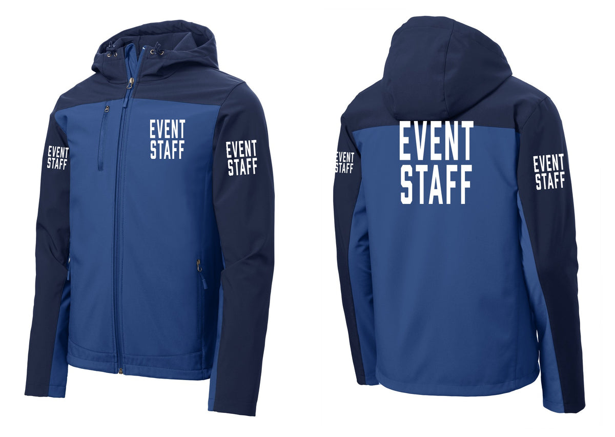 NYC Factory Event Staff Hooded Soft Shell Jacket (Classic) - Chest + Back + Event Staff Sleeves - Night Sky Blue / Dress Blue Navy