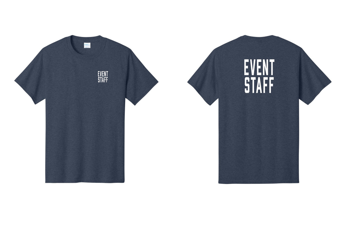 NYC Factory Event Staff T-Shirt, Condensed Lettering - Chest + Back - Heather Navy