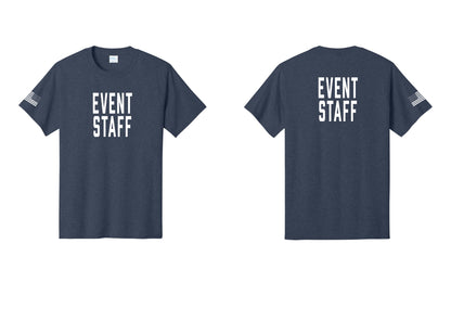 NYC Factory Event Staff T-Shirt, Condensed Lettering - Front + Back + US Flag Sleeve - Heather Navy