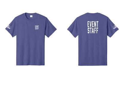NYC Factory Event Staff T-Shirt, Condensed Lettering - Chest + Back + US Flag Sleeve - Heather Purple