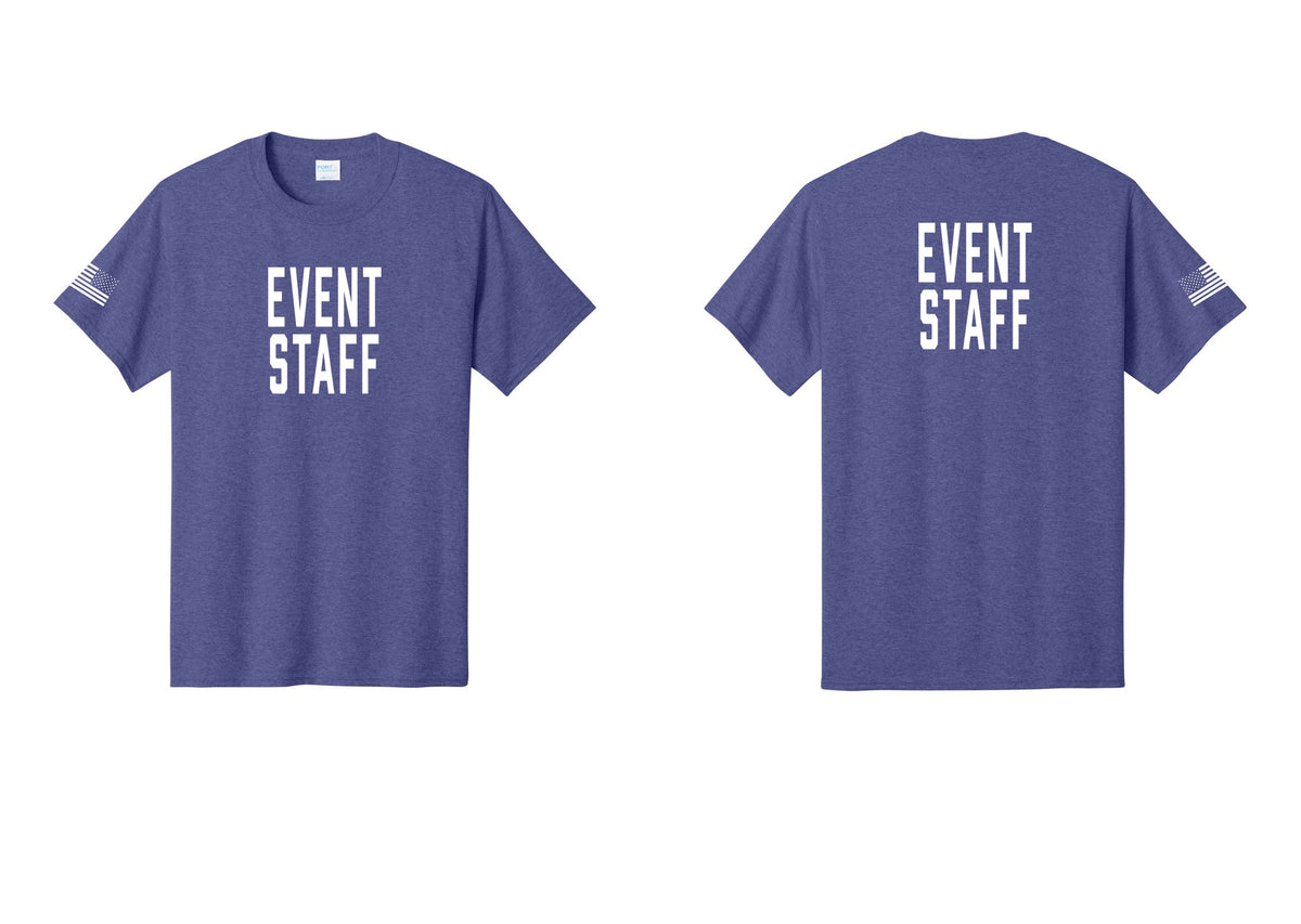 NYC Factory Event Staff T-Shirt, Condensed Lettering - Front + Back + US Flag Sleeve - Heather Purple