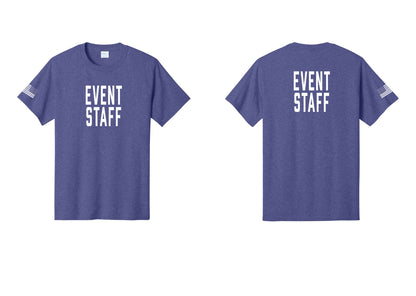 NYC Factory Event Staff T-Shirt, Condensed Lettering - Front + Back + US Flag Sleeve - Heather Purple