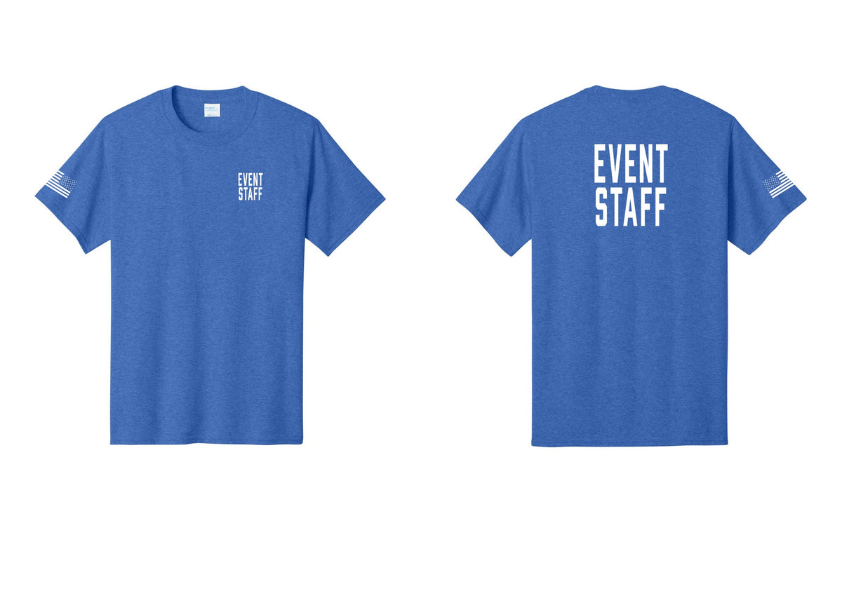 NYC Factory Event Staff T-Shirt, Condensed Lettering - Chest + Back + US Flag Sleeve - Heather Royal